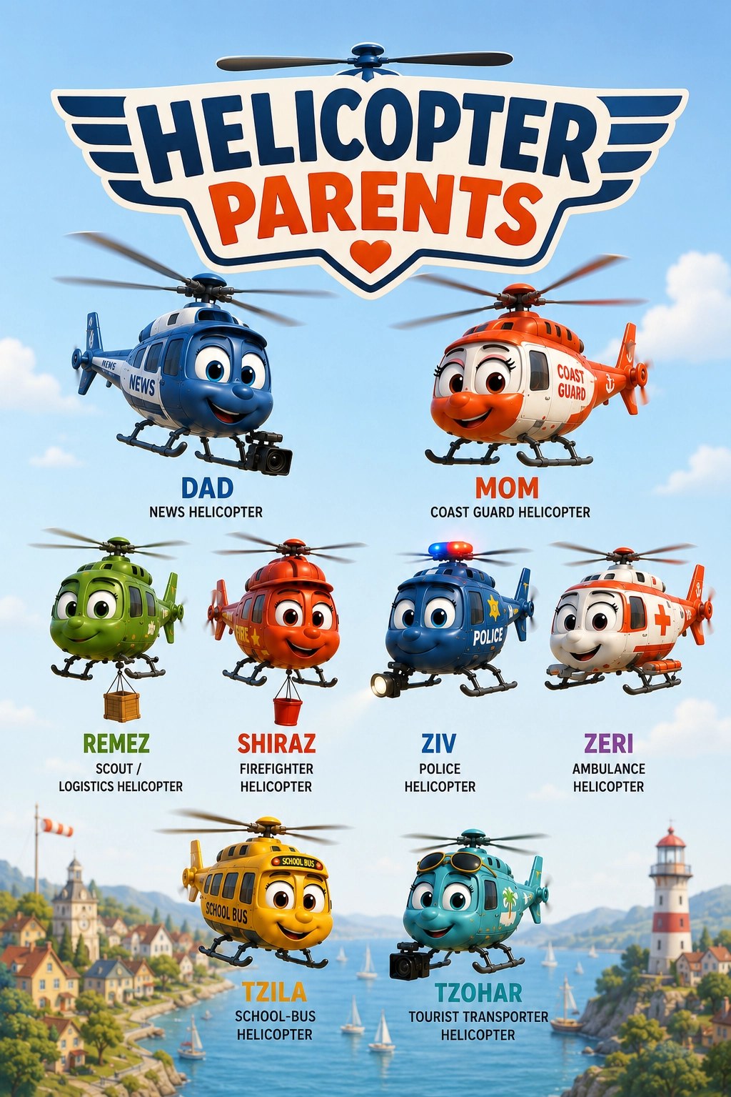 Full Helicopter Parents cast poster: logo, Dad, Mom, Remez, Shiraz, Ziv, Zeri, Tzila, and Tzohar over Hometown