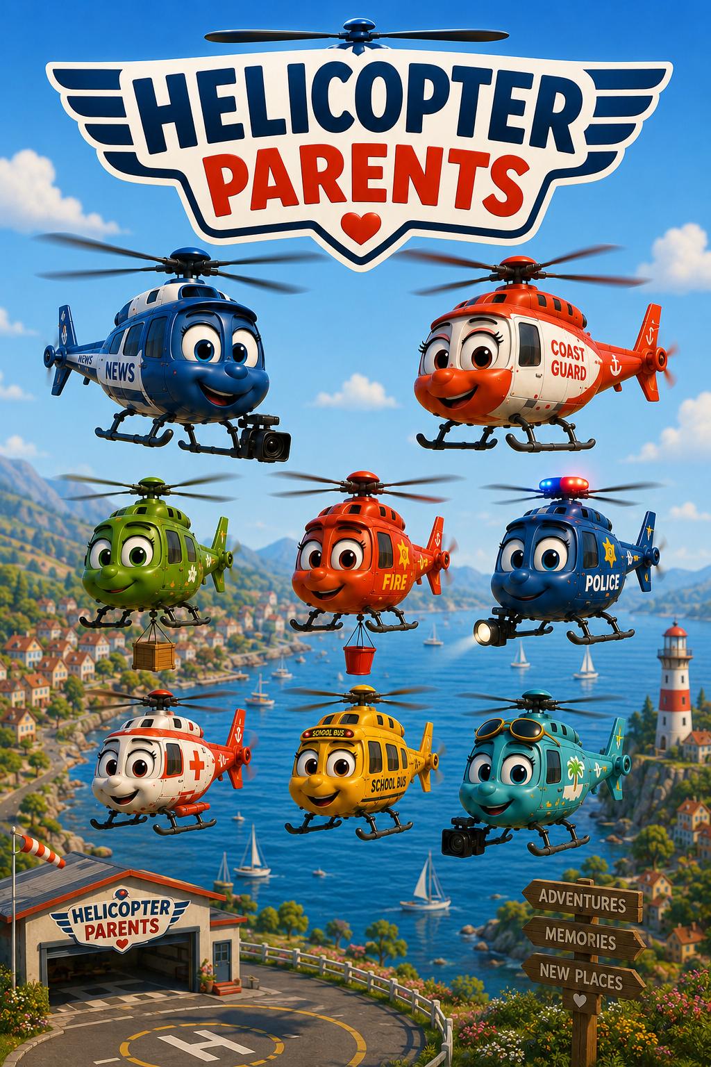 The full Helicopter Parents family flying together over Hometown