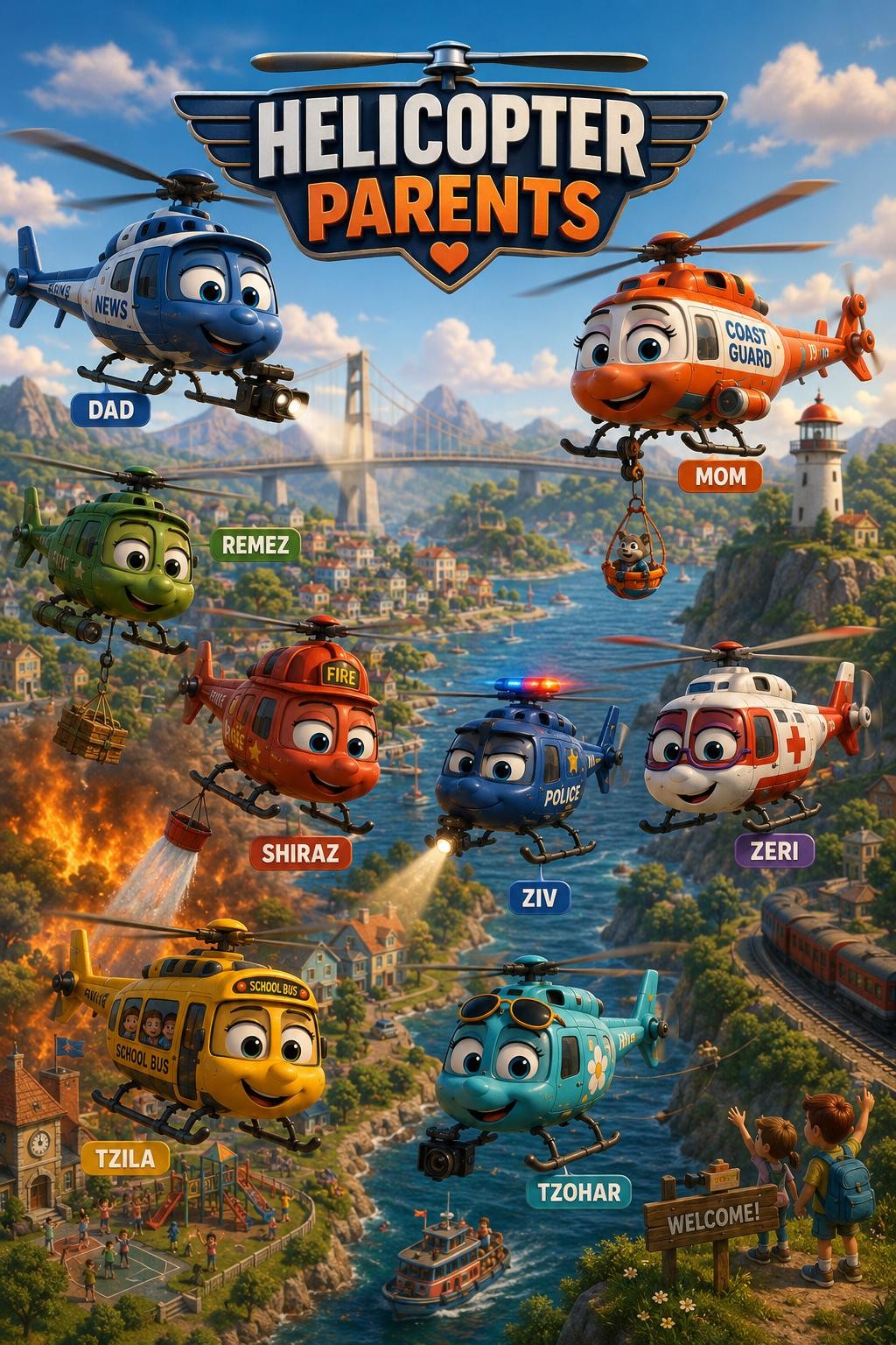 Helicopter Parents poster: all eight helicopters over Hometown, each labelled with their name